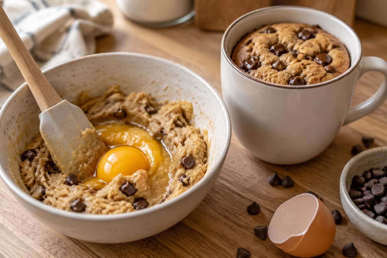 le jaune d’œuf apporte du liant à cette pâte express pour mug cake façon cookie, prête en quelques minutes et idéale pour une pause gourmande.