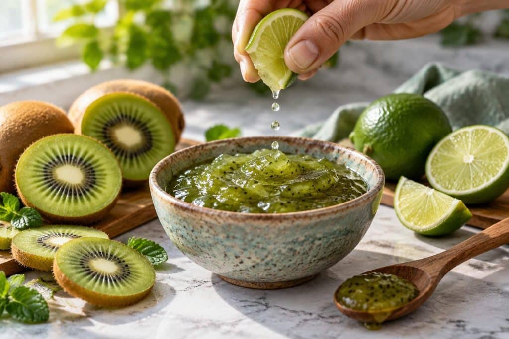 découvrez comment le jus de citron vert apporte une touche acidulée et fraîche à cette délicieuse recette de confiture de kiwi.