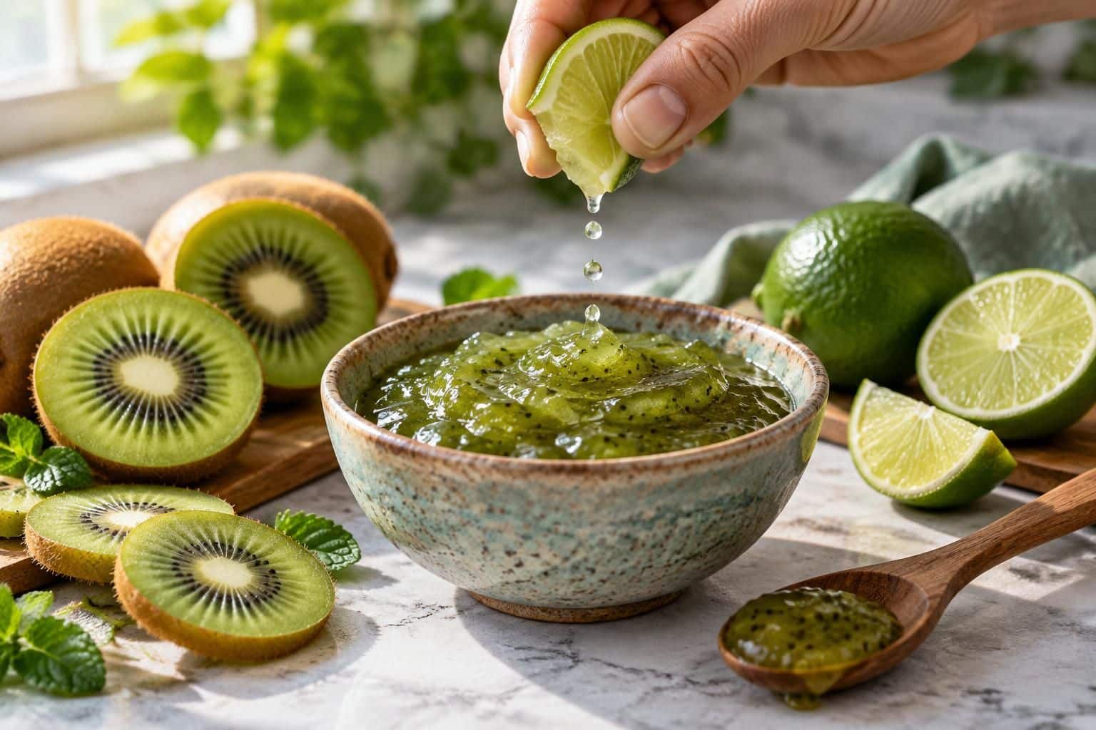 découvrez comment le jus de citron vert apporte une touche acidulée et fraîche à cette délicieuse recette de confiture de kiwi.