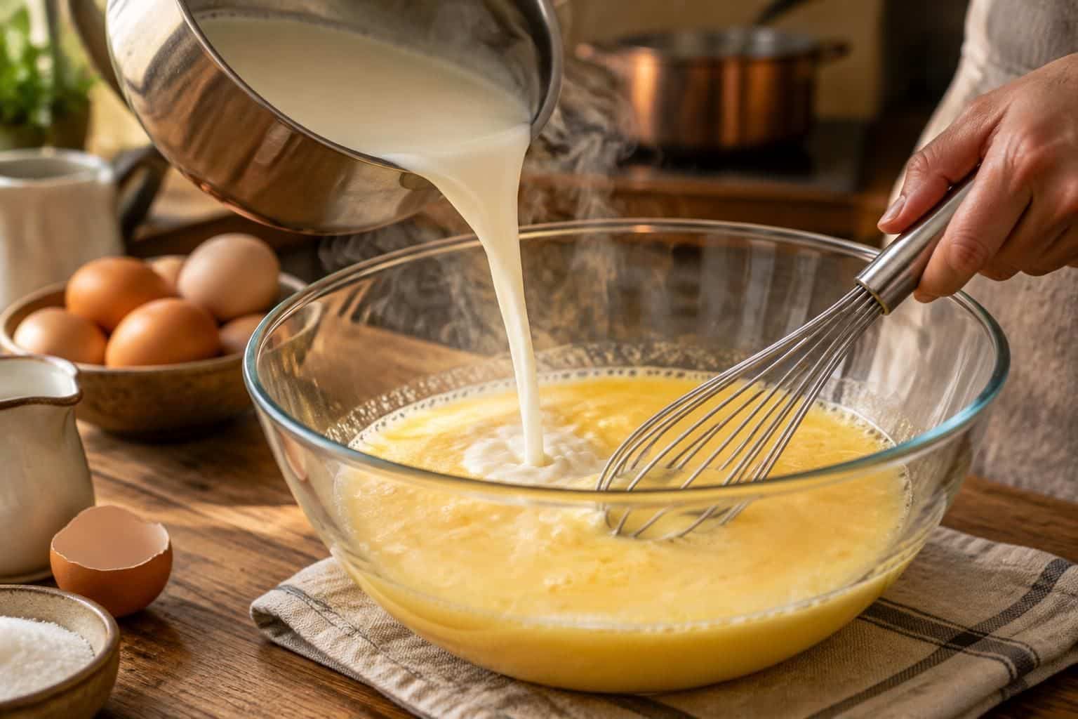 découvrez la vraie recette du flan aux œufs, préparé avec du lait entier chaud pour obtenir une texture douce, fondante et délicieusement parfumée.