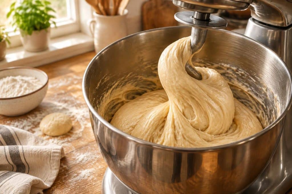 grâce à un pétrissage prolongé au crochet, cette pâte à brioche devient légère et moelleuse. suivez la recette pour obtenir une mie bien aérée.