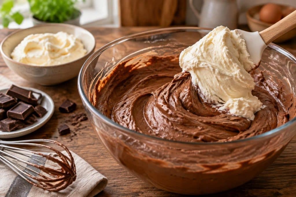 découvrez comment le mascarpone fouetté apporte une texture dense et onctueuse à cette mousse au chocolat facile à préparer.