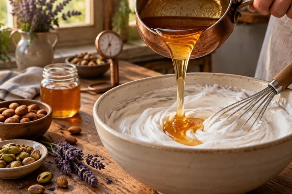 découvrez comment cuire le miel de lavande à la bonne température pour réussir un nougat maison tendre, savoureux et parfaitement lié.