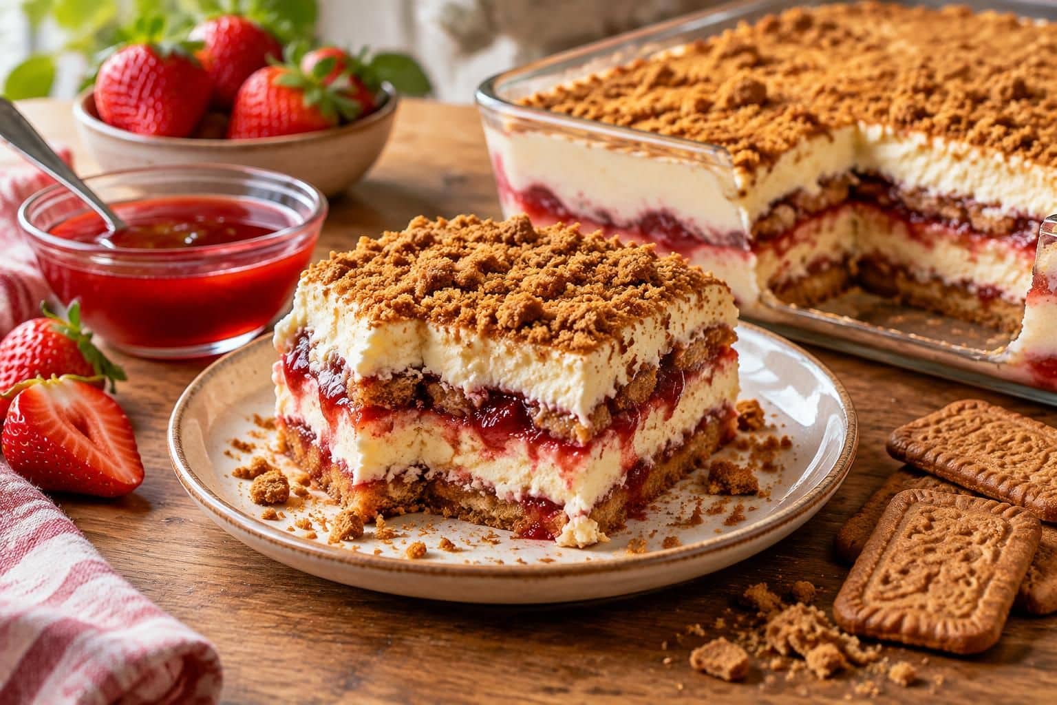 découvrez un tiramisu aux spéculoos sans café, où le sirop de fraise apporte une touche fruitée et gourmande à cette recette facile.