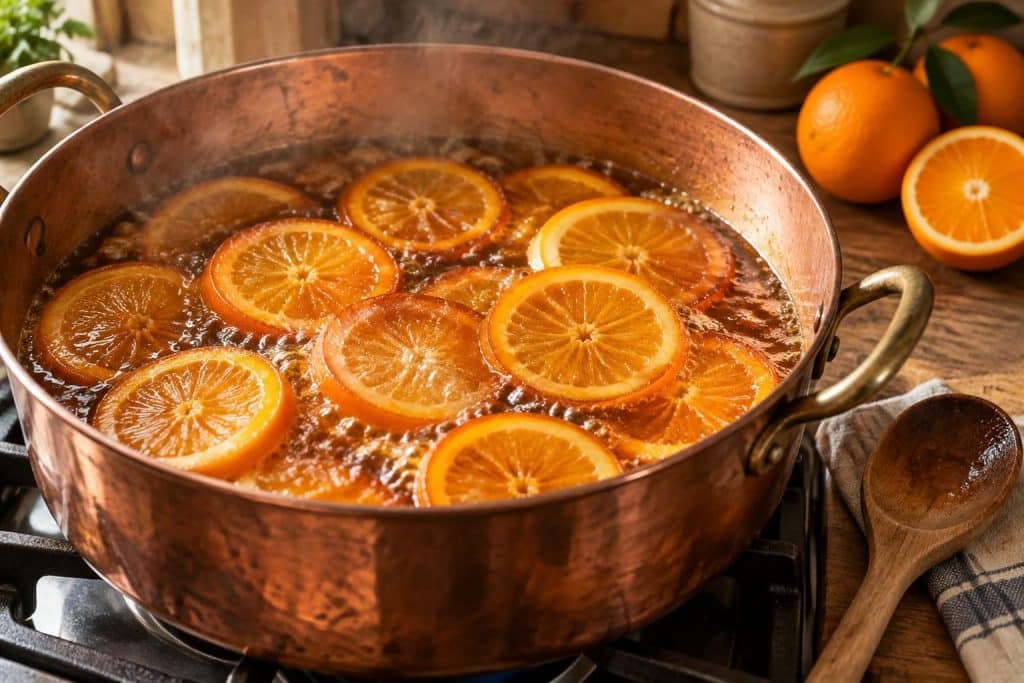 préparez des oranges confites maison grâce à un sirop de sucre bouillant qui les confit lentement. une recette rapide, simple et savoureuse.
