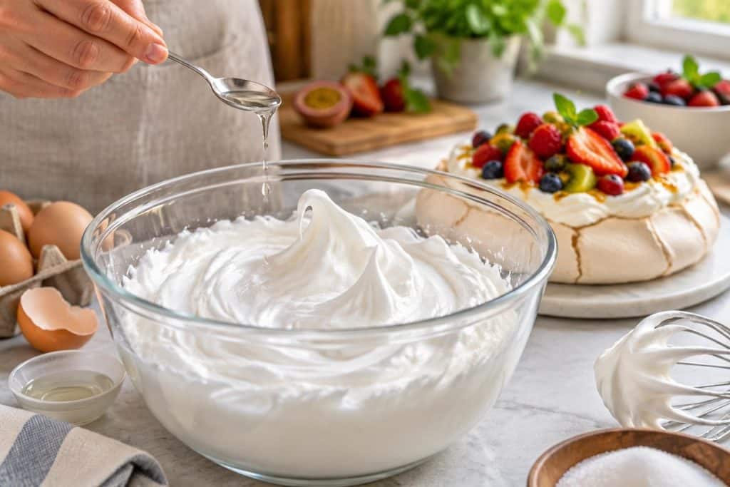 découvrez comment le vinaigre blanc aide à stabiliser les blancs en neige pour réussir une meringue légère et croustillante, idéale pour une pavlova.