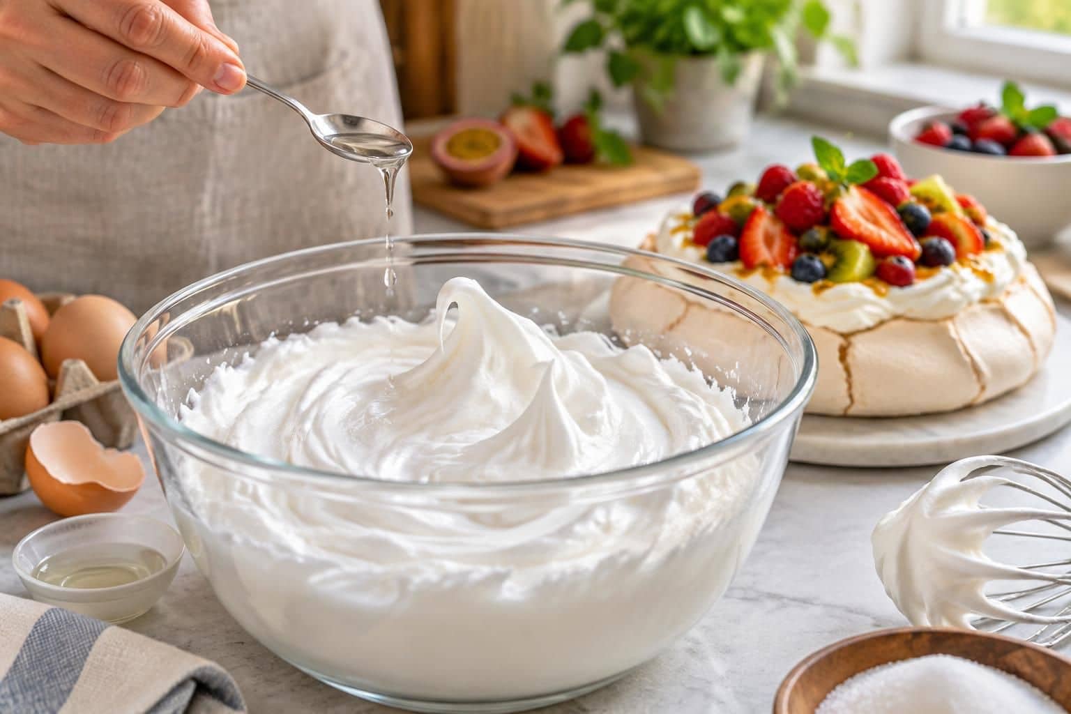 découvrez comment le vinaigre blanc aide à stabiliser les blancs en neige pour réussir une meringue légère et croustillante, idéale pour une pavlova.