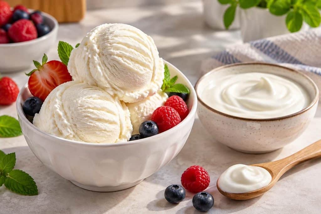 découvrez une recette de glace au yaourt onctueuse et gourmande, préparée avec du yaourt nature entier pour une texture crémeuse et savoureuse.