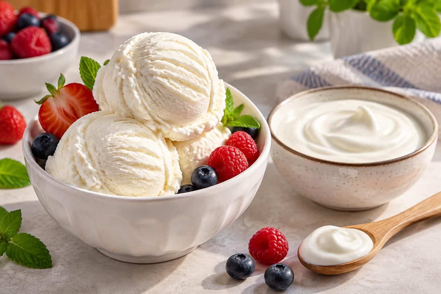 découvrez une recette de glace au yaourt onctueuse et gourmande, préparée avec du yaourt nature entier pour une texture crémeuse et savoureuse.