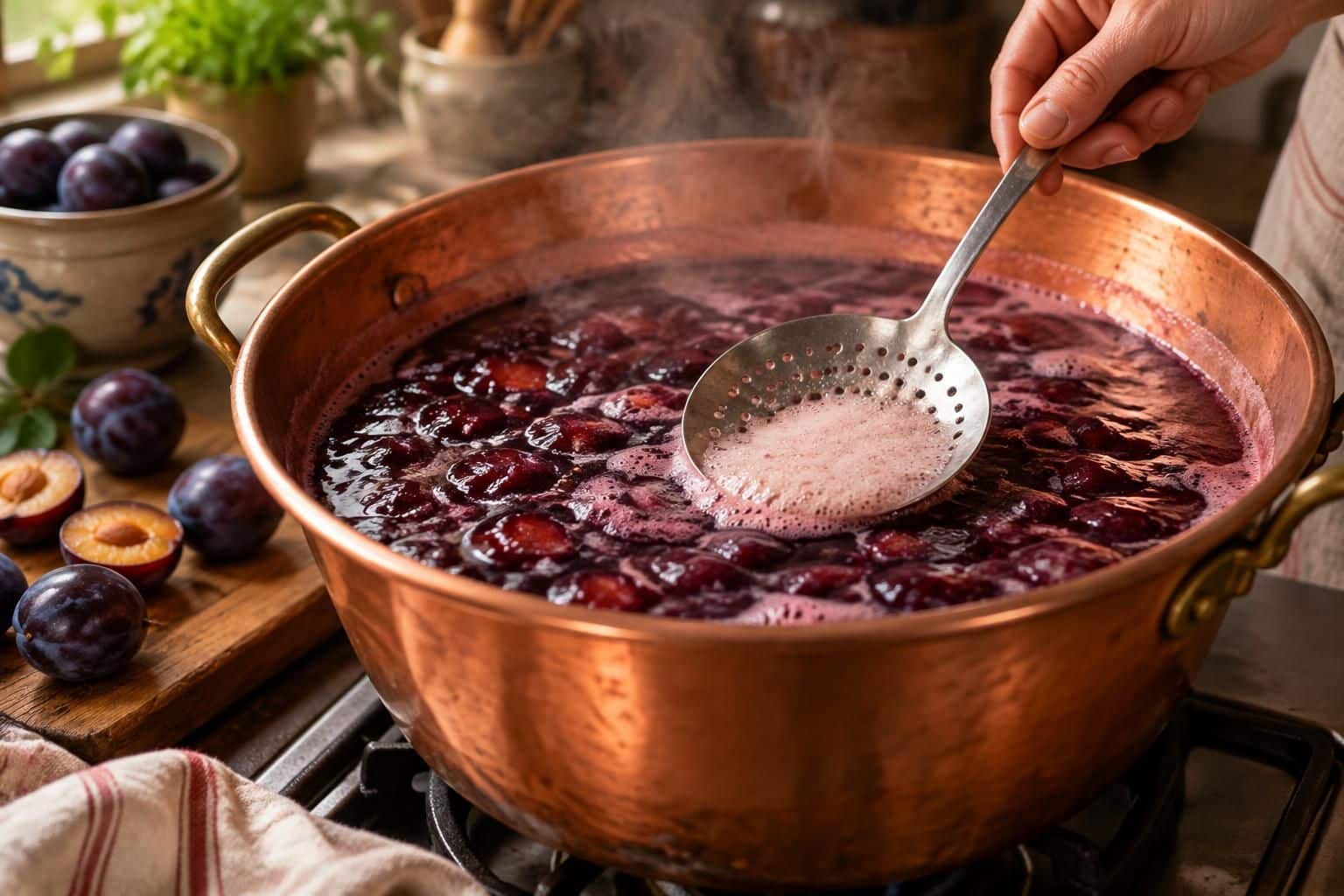 découvrez pourquoi l’écumage régulier élimine les impuretés et clarifie le sirop pour réussir votre confiture de prunes.