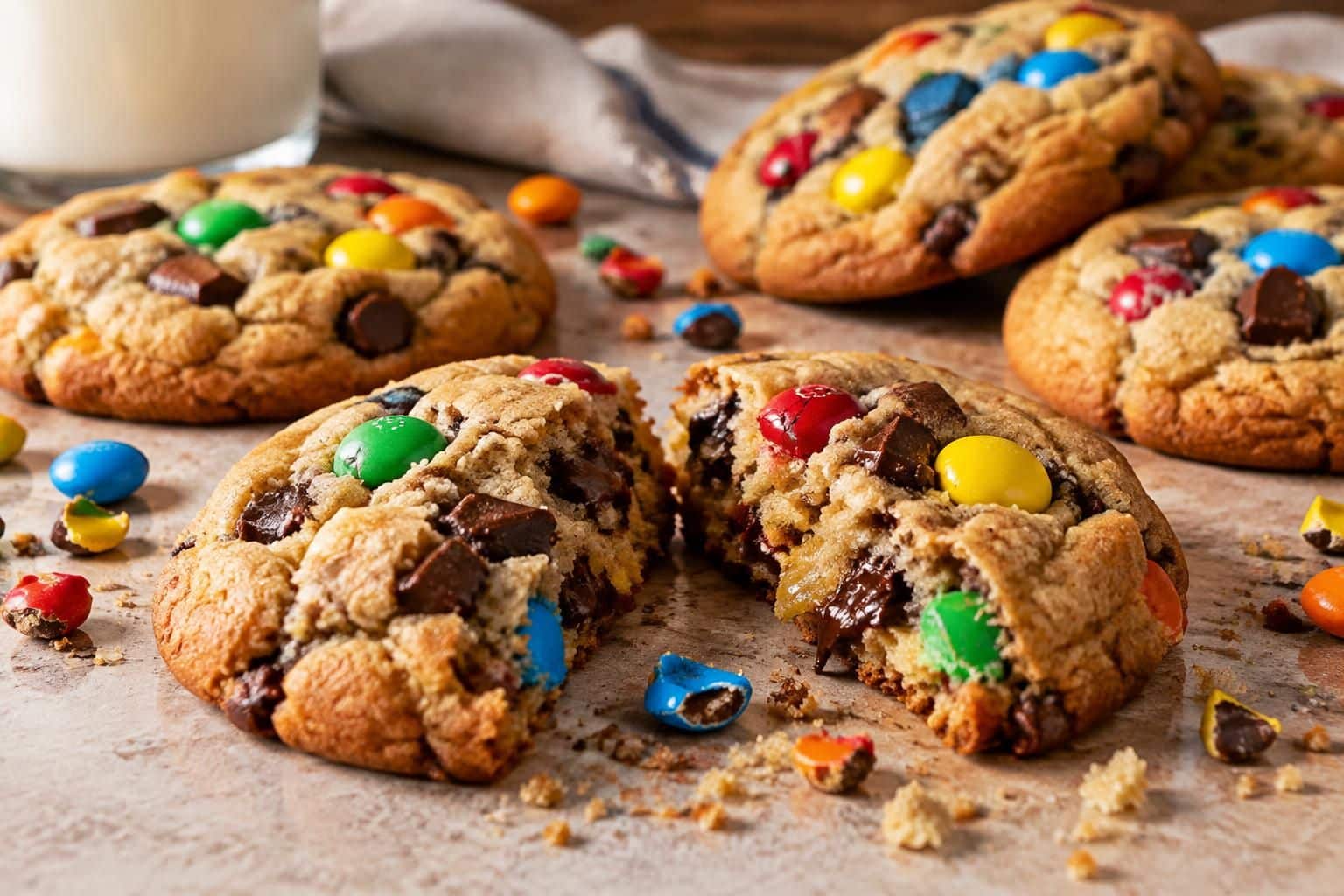 craquez pour ces cookies aux m&m’s : des biscuits gourmands et moelleux, parsemés de bonbons colorés concassés.