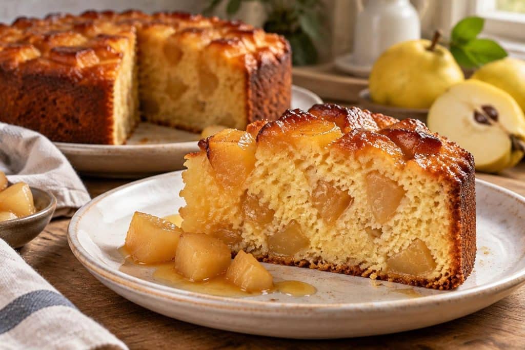 découvrez un gâteau moelleux aux coings, sublimé par des dés de coings pochés qui fondent en bouche. une recette douce et savoureuse à partager.