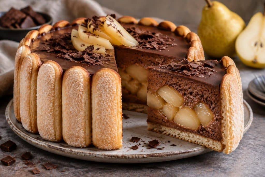 découvrez la charlotte poire chocolat de cyril lignac : des poires au sirop au cœur d’un dessert gourmand, délicatement associé au chocolat.