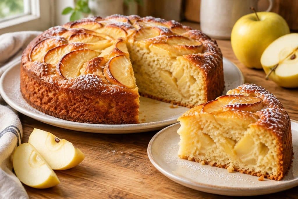 découvrez une recette facile de gâteau aux pommes, où les quartiers de pommes golden fondent dans une pâte moelleuse pour un dessert gourmand et réconfortant.