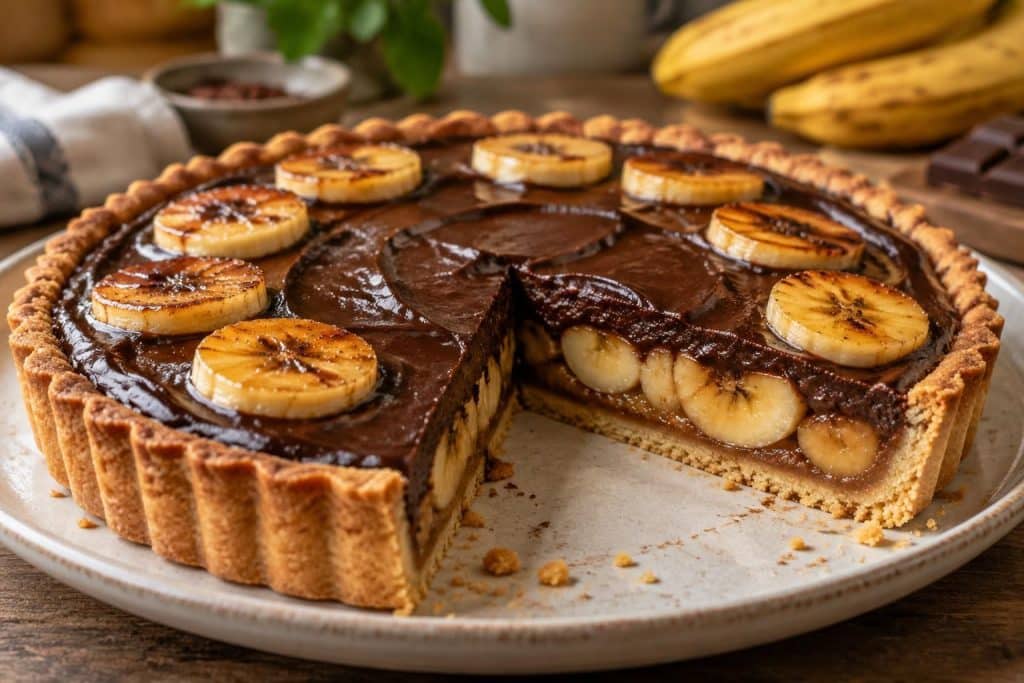 découvrez une délicieuse tarte banane chocolat : des rondelles de banane caramélisées sous une ganache fondante, pour un dessert gourmand et facile à préparer.