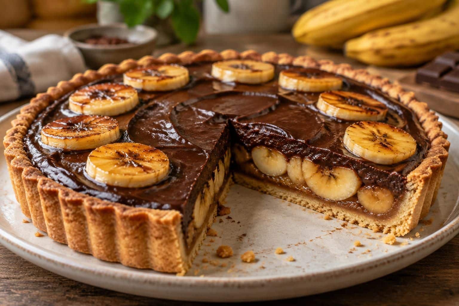 découvrez une délicieuse tarte banane chocolat : des rondelles de banane caramélisées sous une ganache fondante, pour un dessert gourmand et facile à préparer.