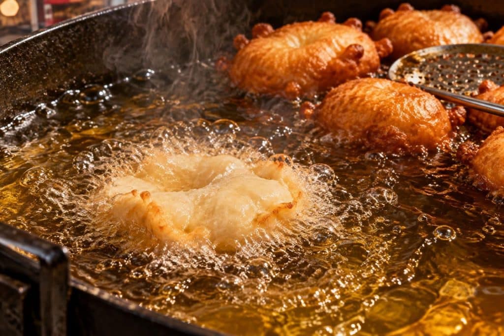 découvrez comment l’huile de friture bouillante saisit la pâte et donne aux beignets du carnaval leur texture dorée et croustillante.