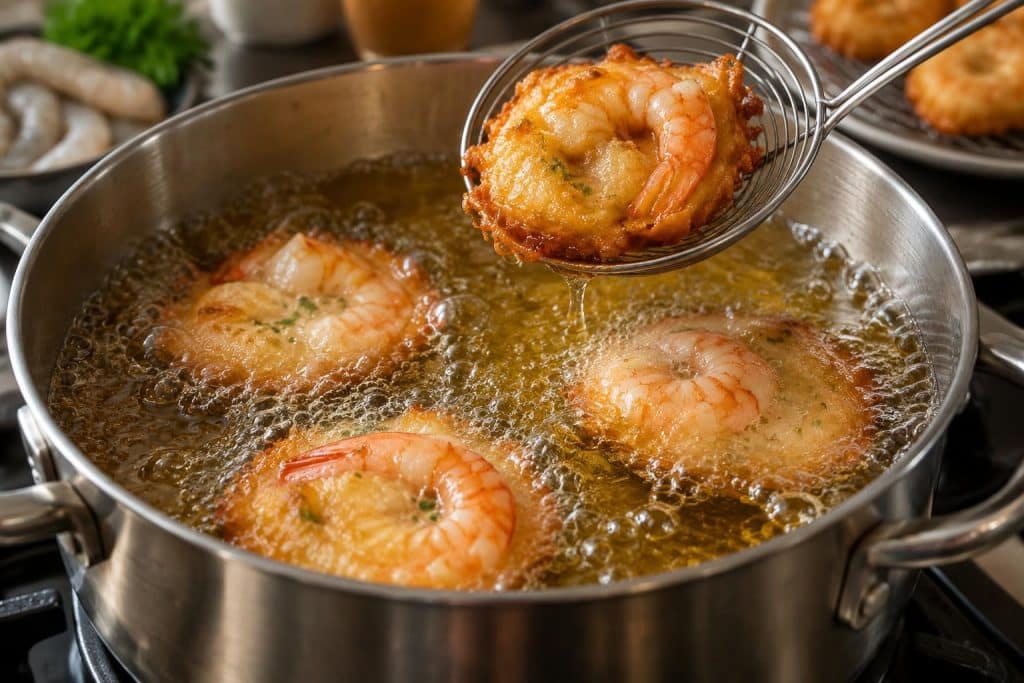 préparez de savoureux beignets aux crevettes : une pâte saisie dans l’huile chaude pour un résultat doré et croustillant.
