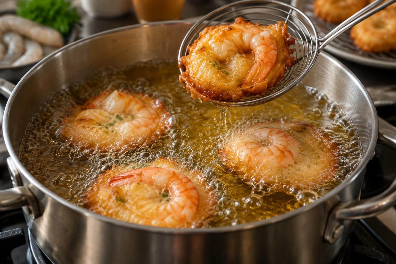 préparez de savoureux beignets aux crevettes : une pâte saisie dans l’huile chaude pour un résultat doré et croustillant.
